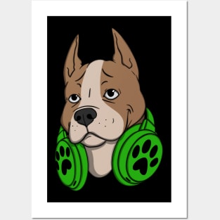 Pitbull Dog Green Headphones Posters and Art